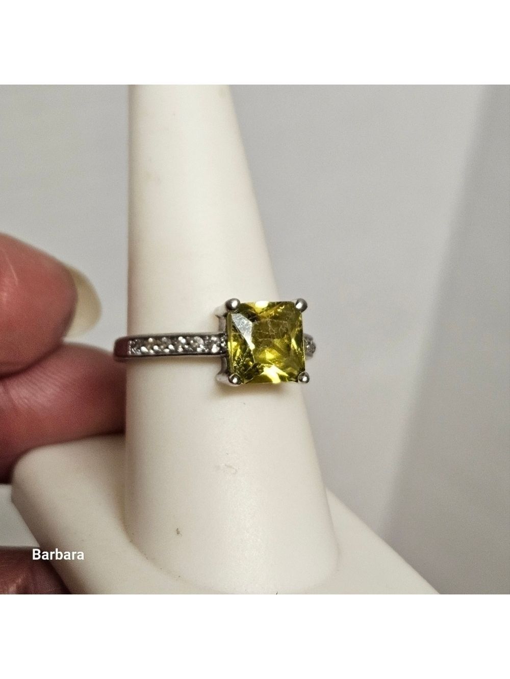 Emerad-cut CZ Lime Green & White Diamond Solitare Statement Dinner Ring, Size 8